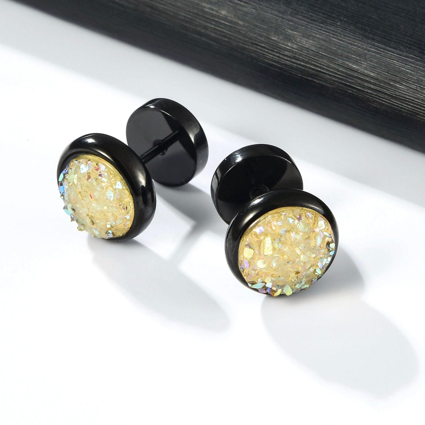 VOLUKA Crystal Stone Stud Earrings Flat Back Non-Nickel Titanium Stainless Steel Hypoallergenic Cartilage Earrings Stud for Sensitive Ears Women Men(Yellow-black)
