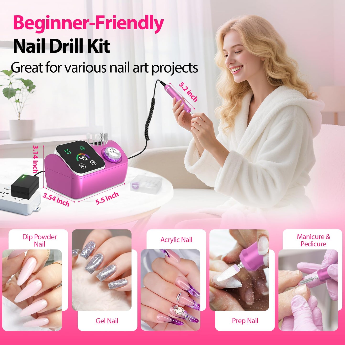 PYVOLA Professional Electric Nail Drill E-File Machine - 45,000 RPM Corded Nail Drills Kit with Low Noise & LED Display for Shaping, Removing & Polishing Acrylic Gel Nails for Salon Home