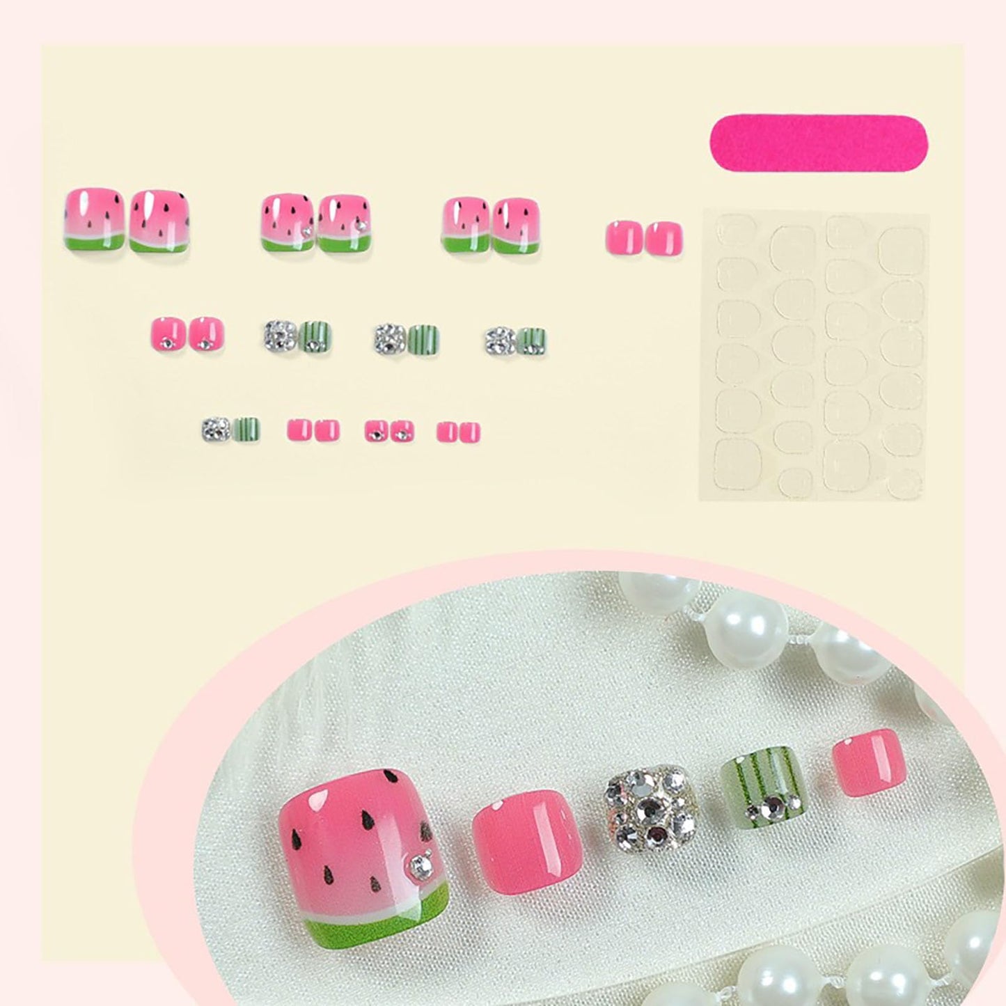 RUOKEXIN Short Press on Toenails Square Fake Toenails with Watermelon Designs Summer Toe Nail Press ons Sparkly Artificial Nails for Women 24Pcs