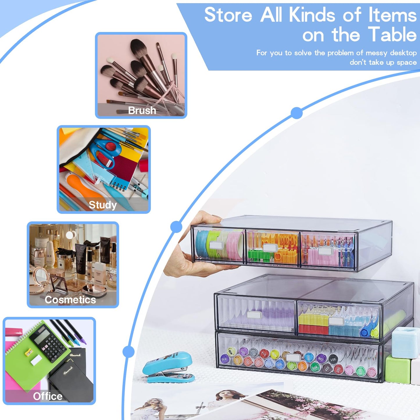 3 Tier Stackable Desk Organizer with 6 Drawers, YOCOMEY Plastic Desktop Storage Box Drawers, Detachable Makeup Storage Office Stationery Supplies Organizer for Office School(Clear)