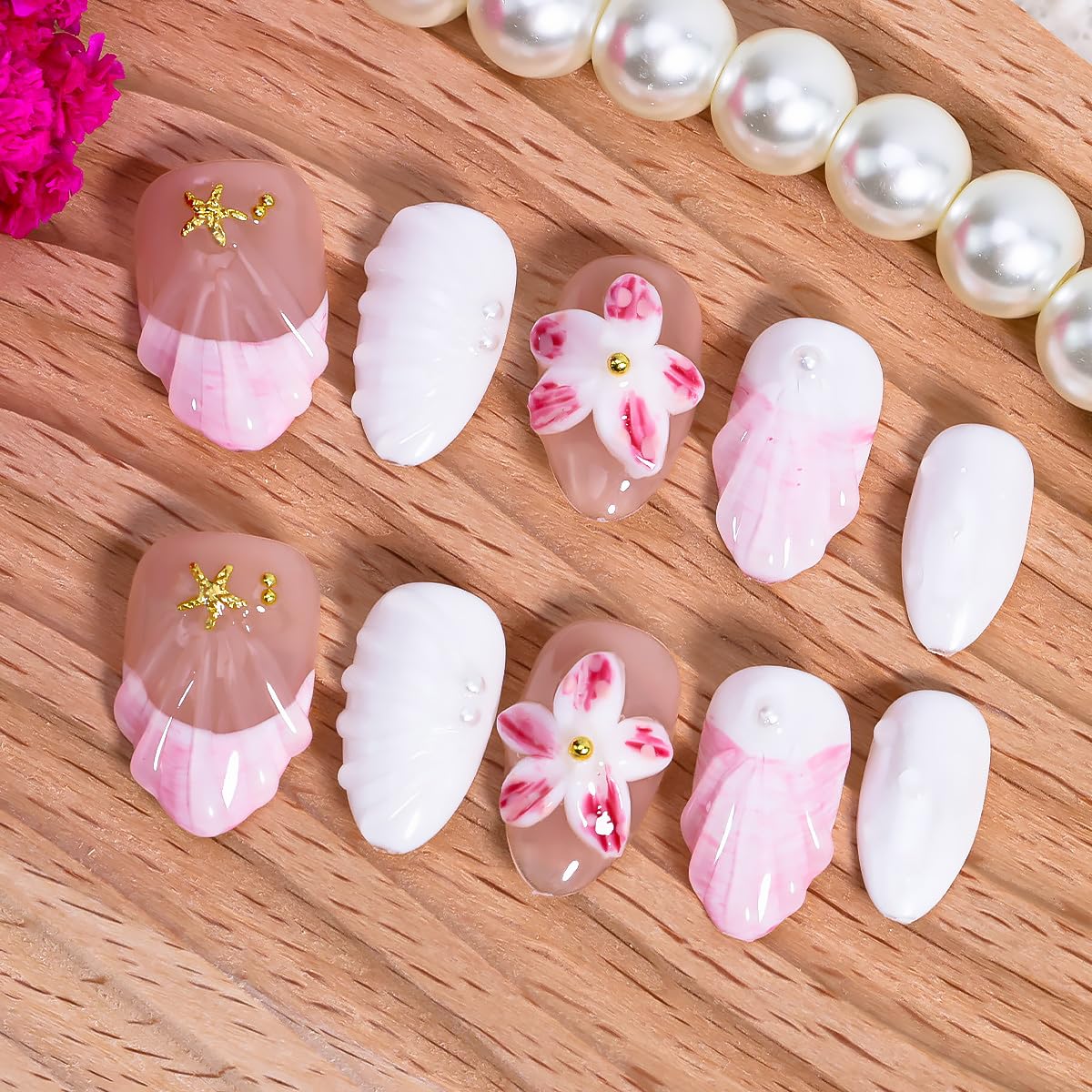 WBRRFJJ Handmade Medium Almond French Tip Fake Nails, 3D Flower Design, 10 Pcs, Glue on Nails, Pink, Acrylic, Full Cover, Artificial