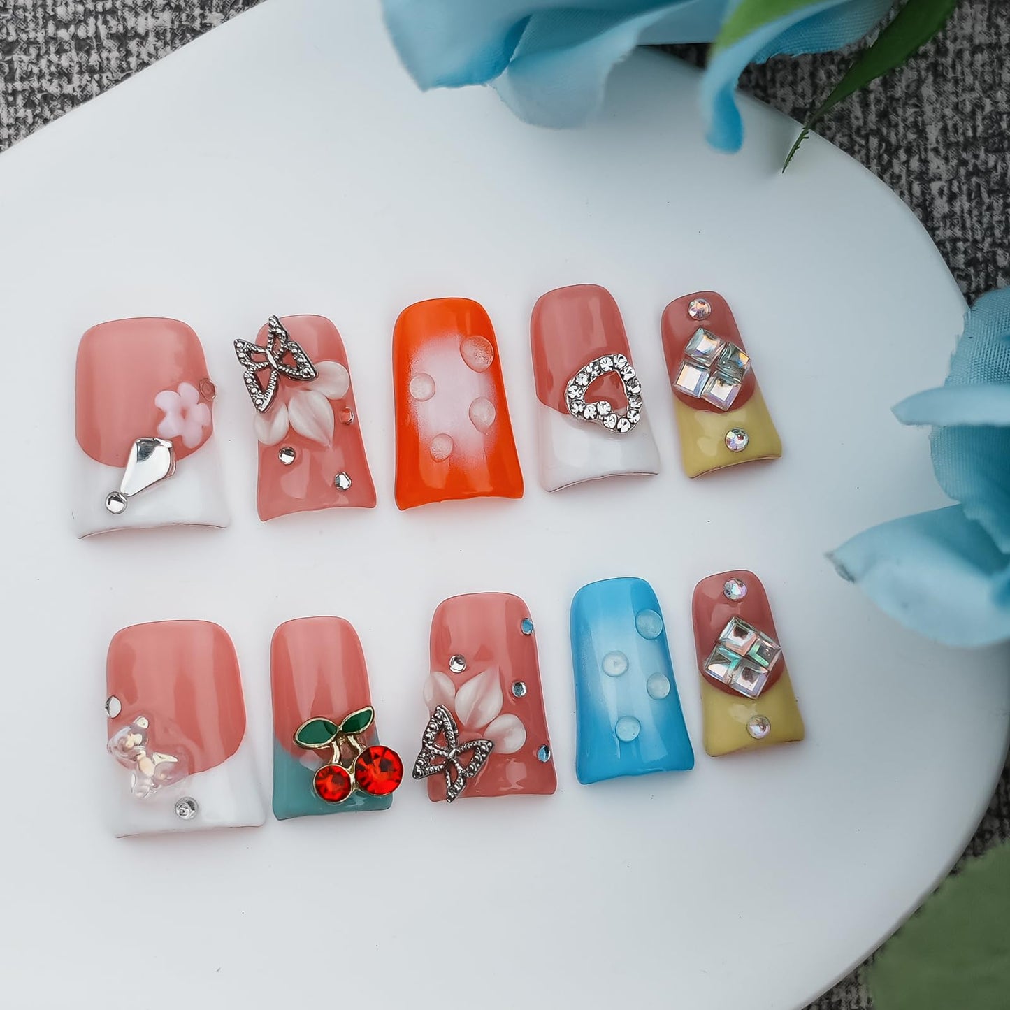 Tesytto Handmade Press on Nails Short Duck - 3D Floral Metallic Butterflies False Nails Luxury Rhinestone Cherry Petal Flower Design, Reusable Thick Acrylic Full Cover(Spring Bloom Pop,L)