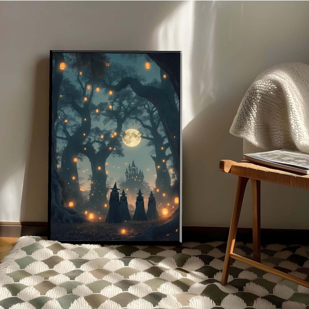 JFHCQJPK Mysterious creek painting witch and castle in magic forest art print canvas gothic print dark college decoration poster for home bedroom20x30in Metal blackFramed