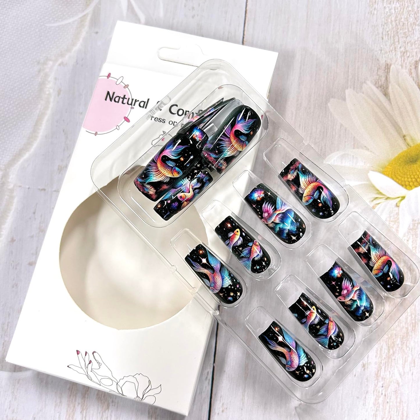 Mermaid False Nails Press on Nails Medium Square Naills Gradient Fish and Starry Sky Design Artificial Coffin Nails Stars Fake Nails Full Cover Stick on Nails Glossy Glue on Nails for Women 24Pcs