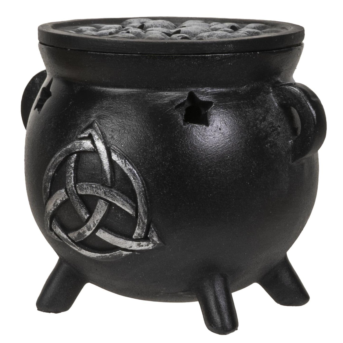 Summit Collection Gifts Black Wicca Celtic Triple Knot Cast Iron Cauldron Incense Cone Burner with Lid Triquetra Symbol Design with Star Cutouts Polyresin Home Decor 3.14" H