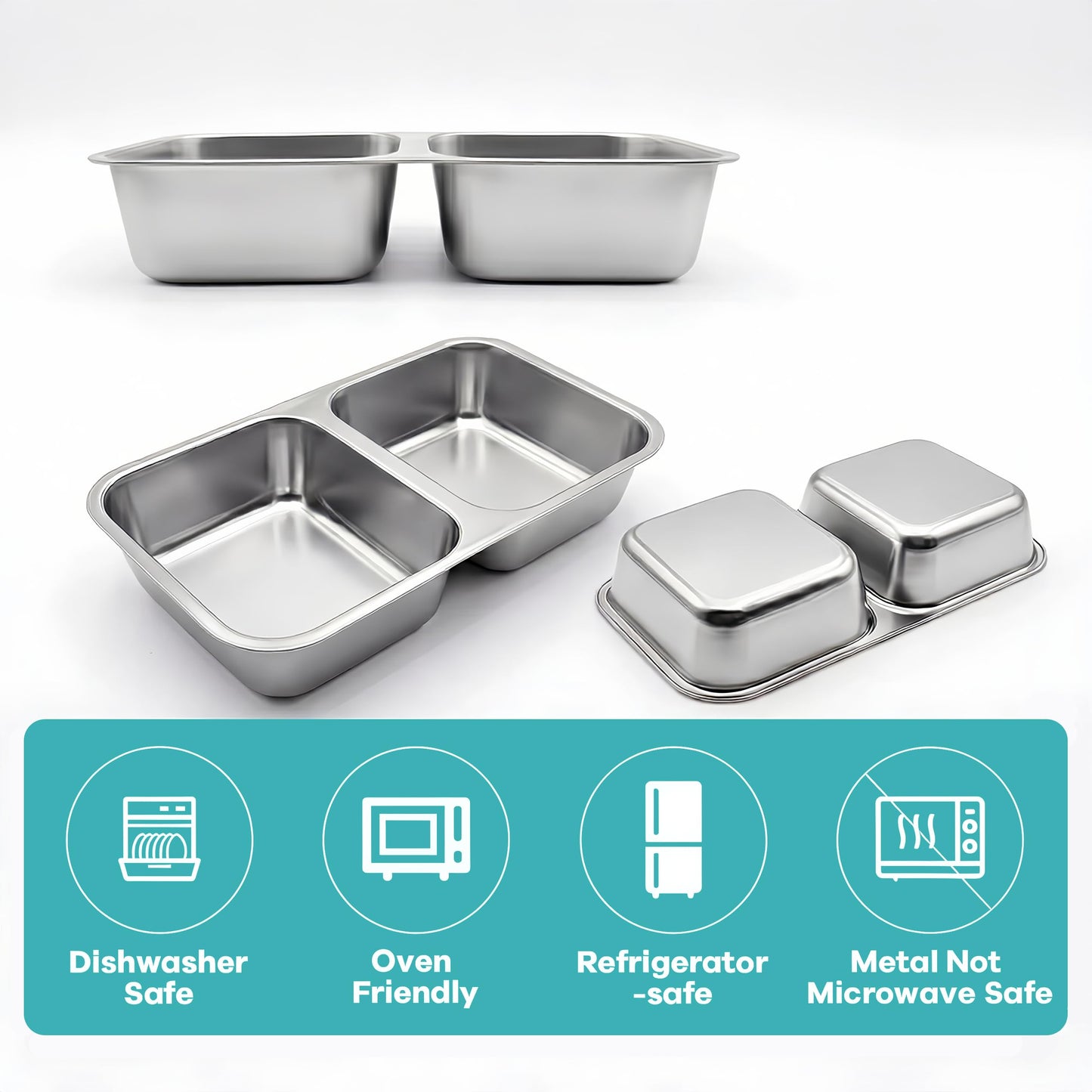 BSTUR 6 Pack Stainless Steel Snack Containers, 2 Compartment Reusable Metal Snack Boxes Containers with Leak-Proof Lids, Compact Lunch Box Food Storage Container