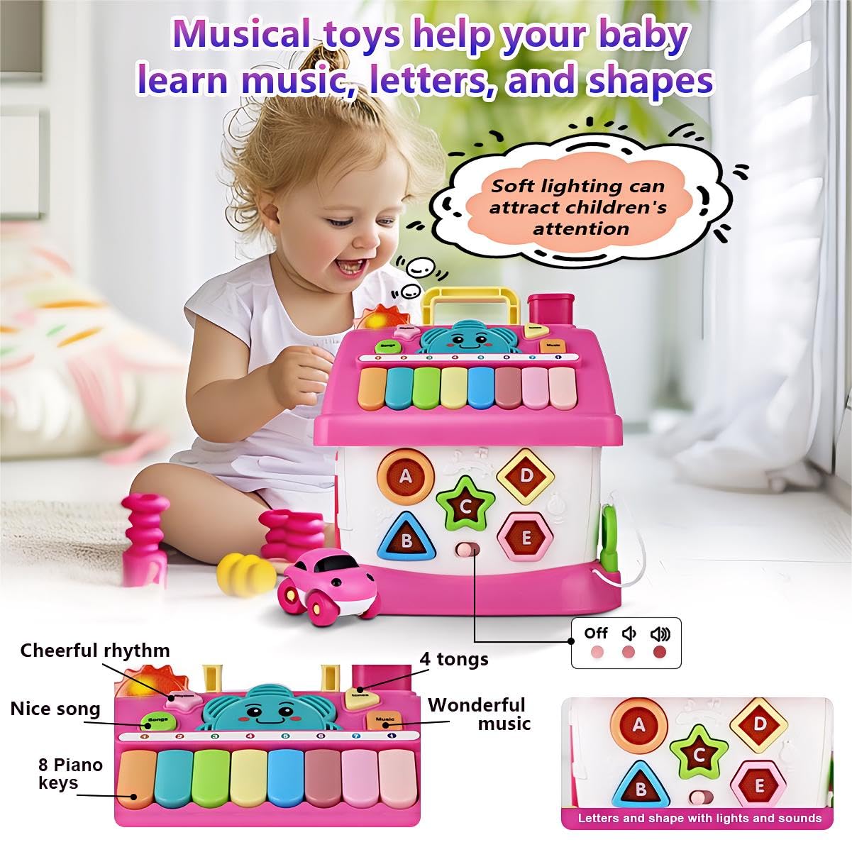 OKREVIEW Montessori 8-in-1 Bilingual Musical Activity House | EN/ES Learning Toy with Volume Control & Travel Handle | Develops Fine Motor Skills for 1-3 Year Old Toddlers & First Birthday Gift
