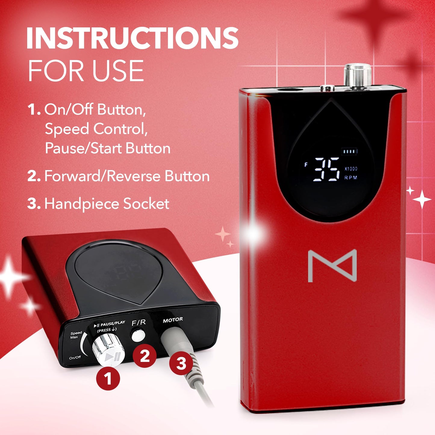 M Max - Nail Drill Professional - 2-in-1 Brushless Motor Nails Drill Machine - Electric, Cordless, Aluminium Alloy Casing, 35000 RPM, HD Display - Perfect for Salon & Home Use (Red)