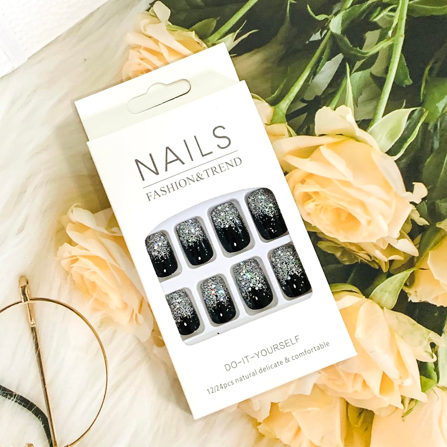 Press on Nails Medium Square Shapes 24Pcs Glossy Full Cover Artificial Black Fake Nails with Silver Glitter Designs Reusable Coffin Acrylic False Nails Glue on Fingernails with Charm for Women