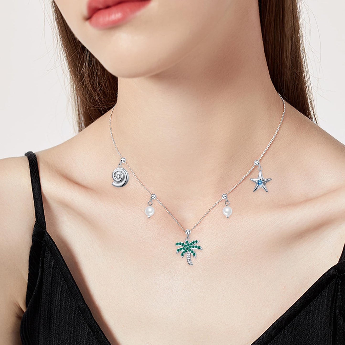 FLYOW S925 sterling Silver Summer Palm Tree Seashell conch shell Beachy Pendant Necklace Women Coastal Jewelry with Removable Charms Trendy Summer Beach Gift