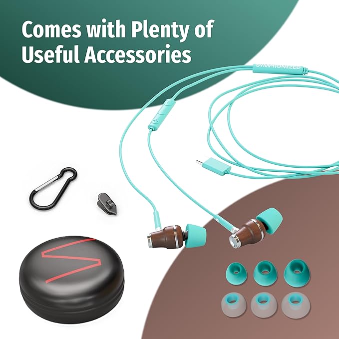 Symphonized Premium Wooden iPhone Earphones Wired (USB C) Deep Bass Sound, 3D Sound, Microphone Volume Control, 90% Noise Cancelling for Type C Devices. Earphones for iPhone 15 to 17 & Android