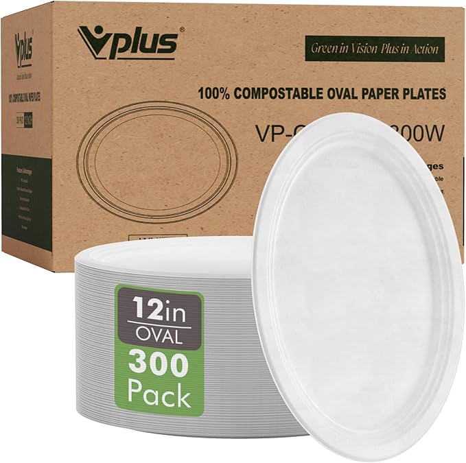Vplus 300 Pack 100% Compostable Oval Paper Plates 12 inch Super Strong Disposable Paper Plates Bagasse Natural Biodegradable Eco-Friendly Sugarcane for BBQ, Party, Dinner, and Picnic