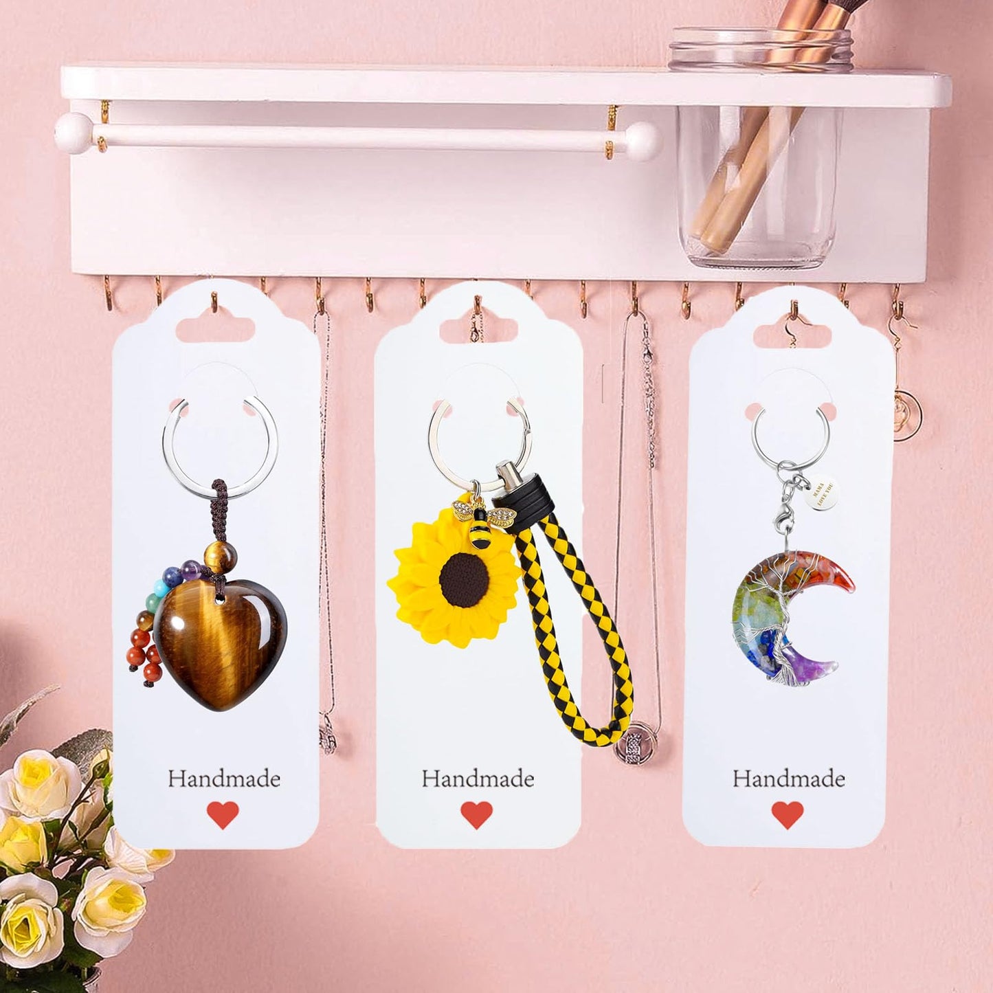 100PCS Keychain Display Cards with Clear Bags, 2.16'' x 6'' Handmade with Love Kraft Paper Jewelry Cards for Small Business Selling, Bulk Keychains Packaging Supplies (White)