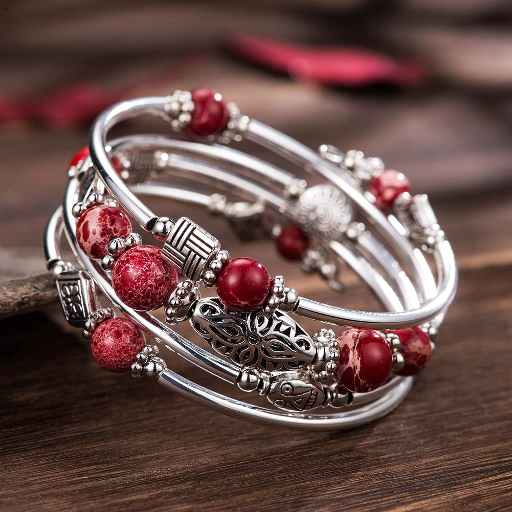 BULINLIN Layered Wrap Bangle Turquoise Bracelet - Bead Bracelet with Natural Agate Stone, Gifts For Women (13-Imperial red)