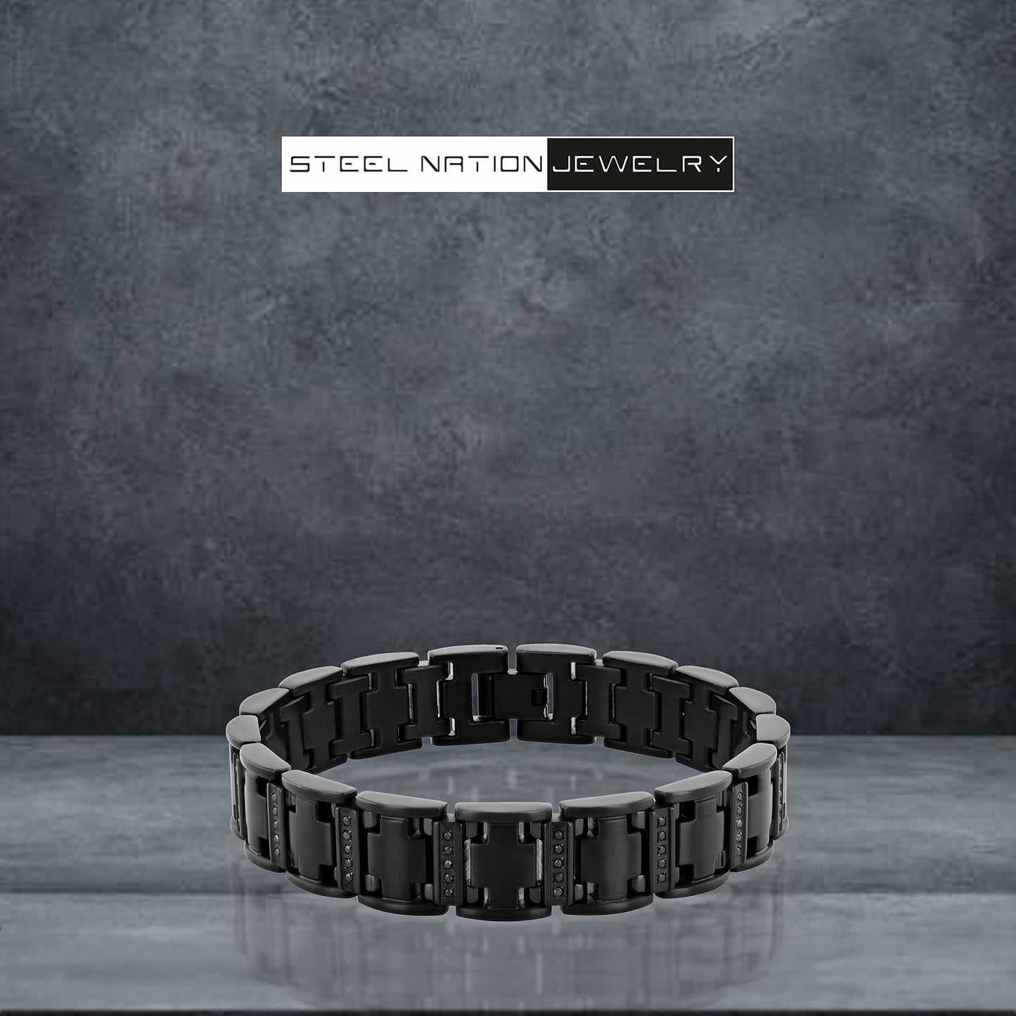 Men's 14MM Wide Black Stainless Steel Link with 0.50ctw Black Diamond Satin Finish 8.5" Bracelet