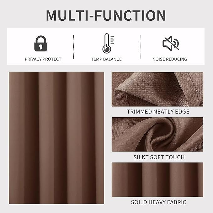 Joydeco Blackout Curtains 72 inches Long 2 Panels Set, Thermal Insulated Long Curtains & Drapes 2 Burg, Room Darkening Grommet Drapes for Bedroom Living Room Windows (W42 x L72 Inch, Brown)