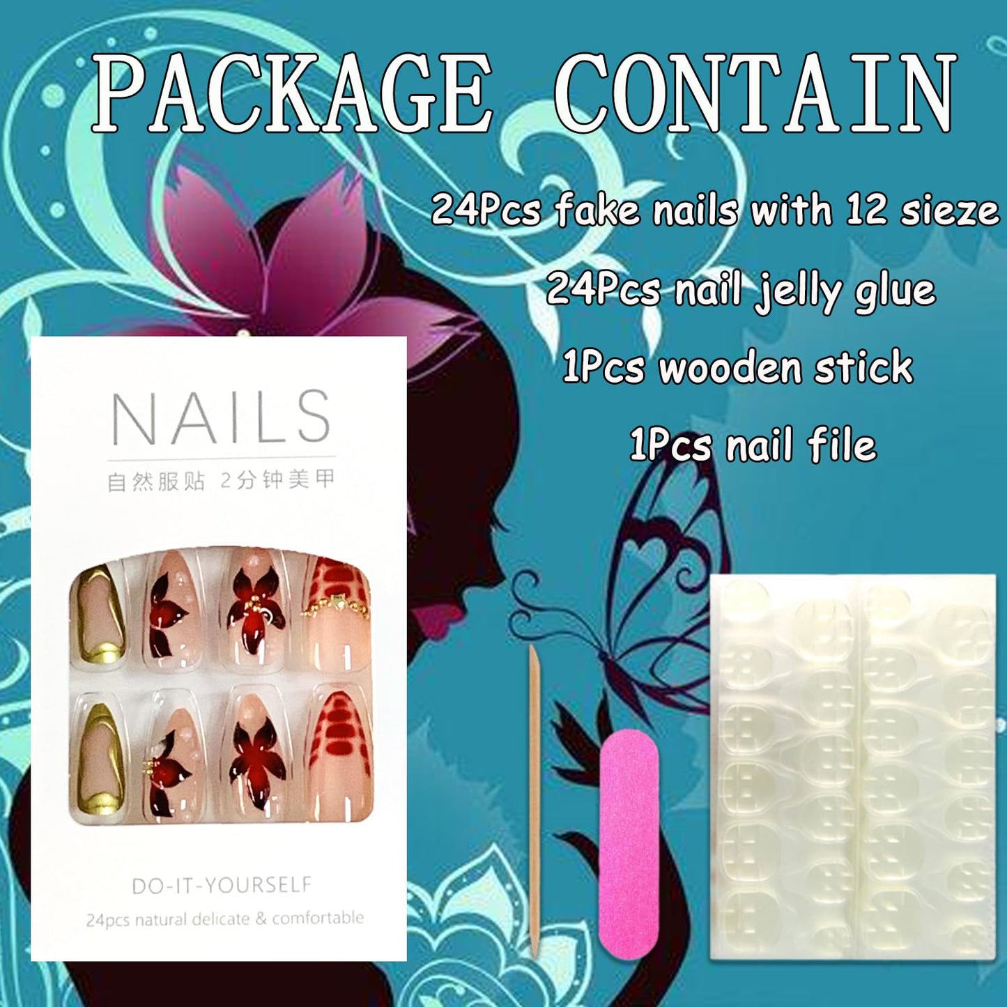 EYZOTSF Press on Almond Nails Medium Length Glossy Full Cover Acrylic Almond Shaped False Nails with Designs Artificial Fake Nail with Charms Glue Stick ons Fingernails for Women Girls(Z1099)