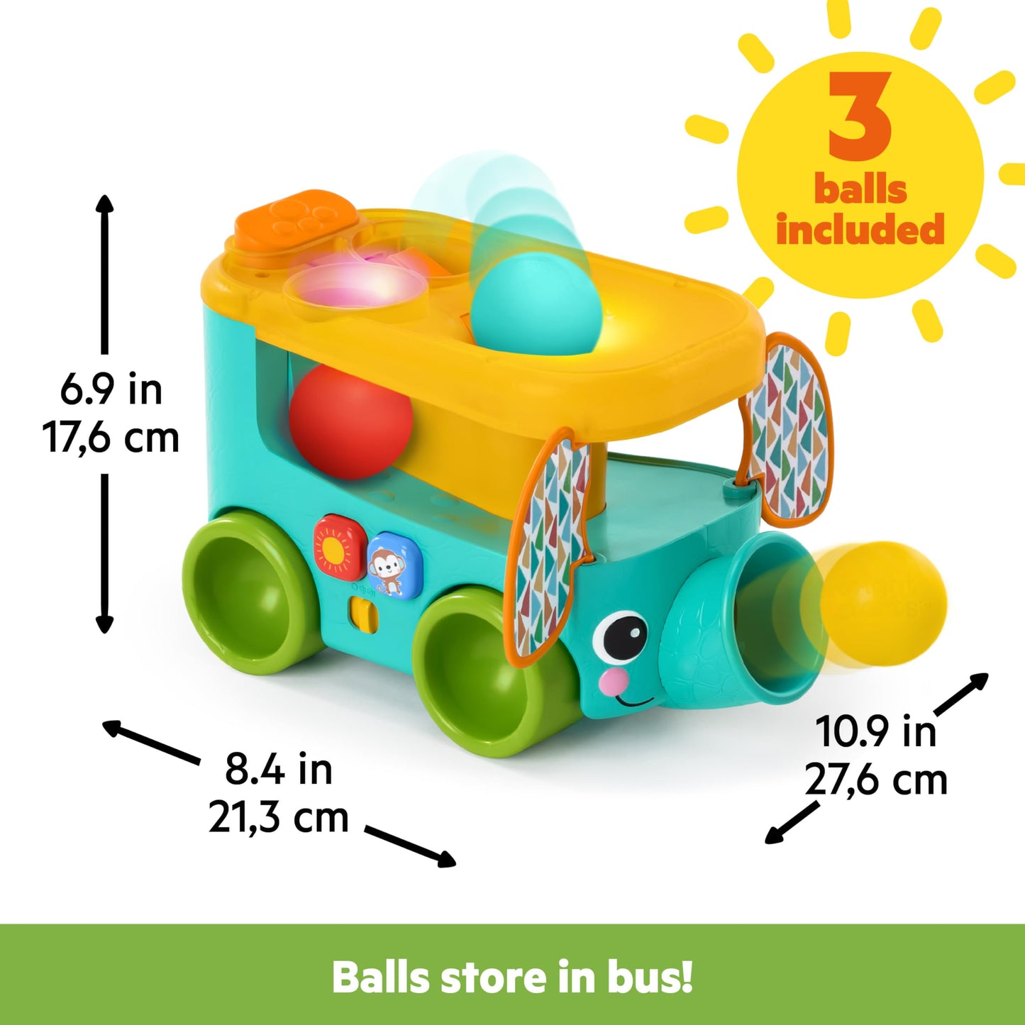 Bright Starts Pop & Roll Safari Bus Ball Play Toy, Elephant Popper and Launcher, Baby Crawling Toy, Unisex, Ages 6 Months+