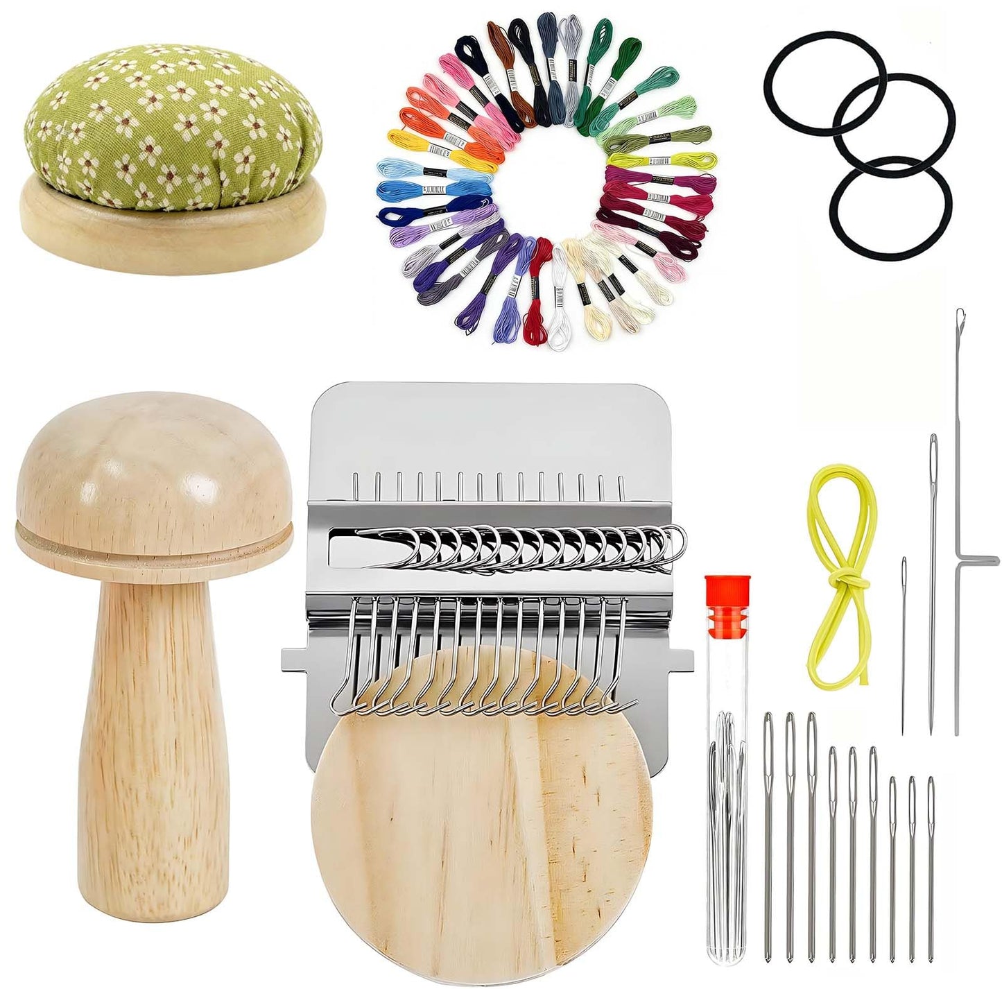 Semyifu Mini Darning Loom, Mushroom Knit Patch Kit, knitpatch kit for Beginners with 14 Hooks, patchmaker Loom for Jeans Socks Clothes Repair, Includes Needles Threads & Pin Cushion (Random Pattern)