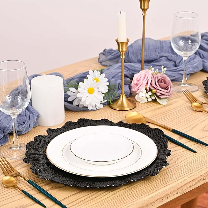 50Pcs Black Charger Plates Round 13inch, Reef Plate Chargers for Dinner, Bulk Plastic Floral Table Charger Plates for Dinner Wedding Party Event Table Setting Decoration(Black)