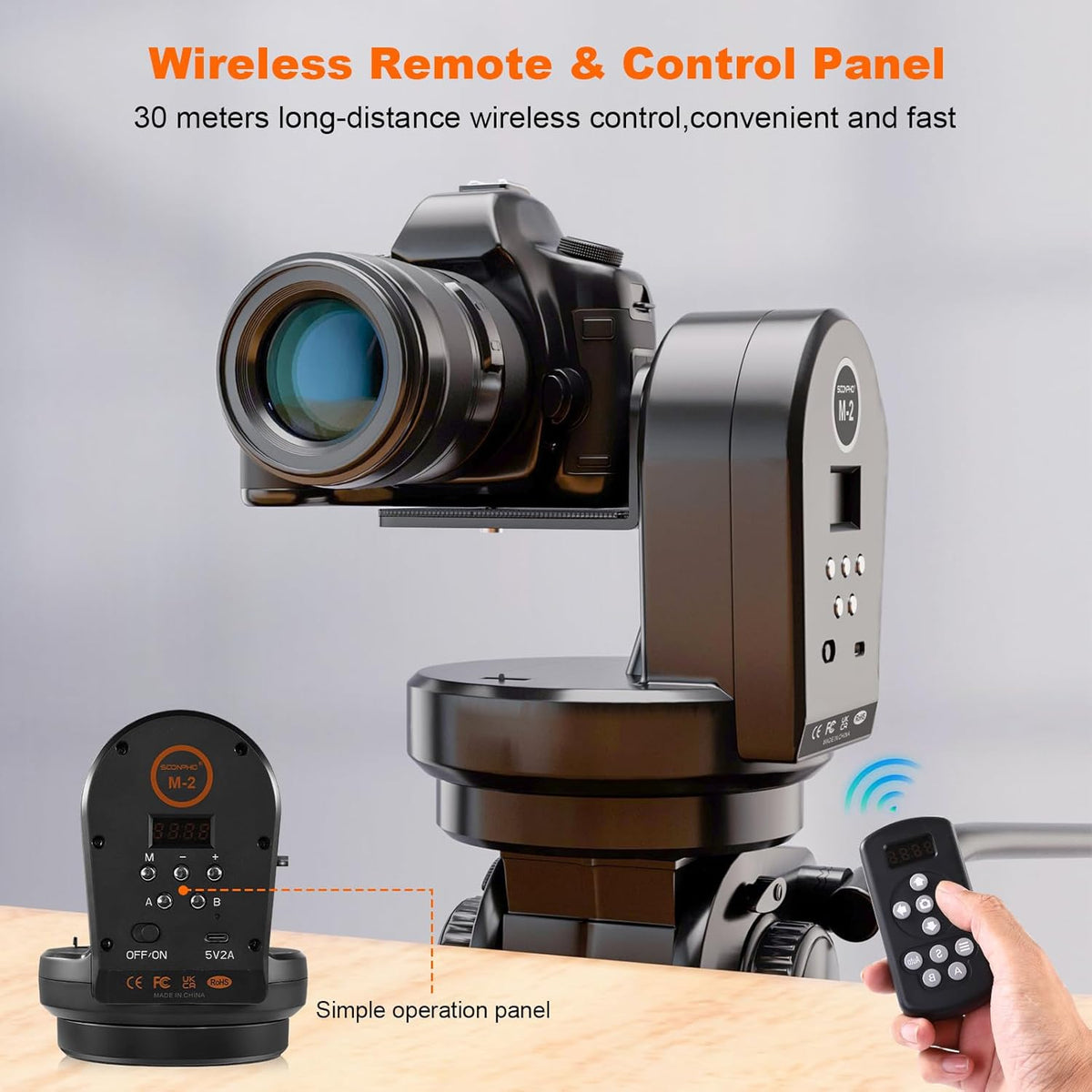 Soonpho M2 Motorized Rotating Panoramic Tripod Head, Remote Control Pan Tilt Head with Remote Control and Mobile Phone Clip for DSLR Cameras, Camcorders, Smartphones, Tripod,