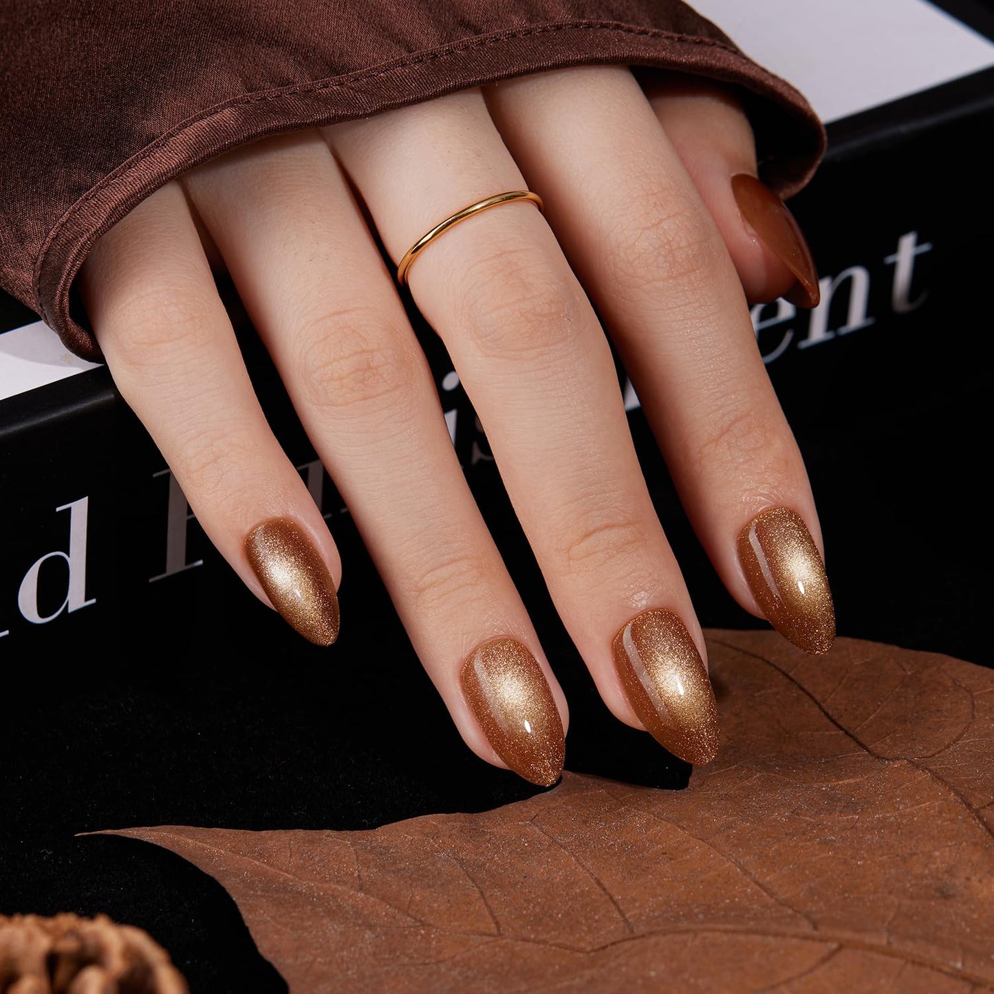 VSALON Press On Nails Short Almond, 32 Pcs 16 Sizes Brown Cat Eye & Tortoise Shell French Tip Glue On Nails Kit for Women