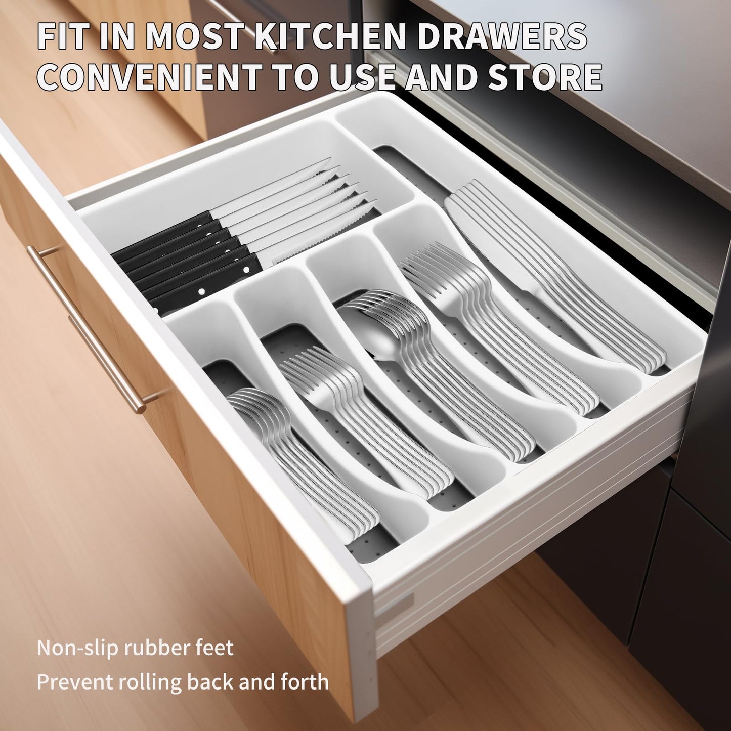 53PCS Silverware Set for 8 with Flatware Drawer Organizer, Stainless Steel Cutlery Set with Steak Knives, Include Spoons and Forks Set & Serving Utensils, Mirror Polished, Dishwasher Safe