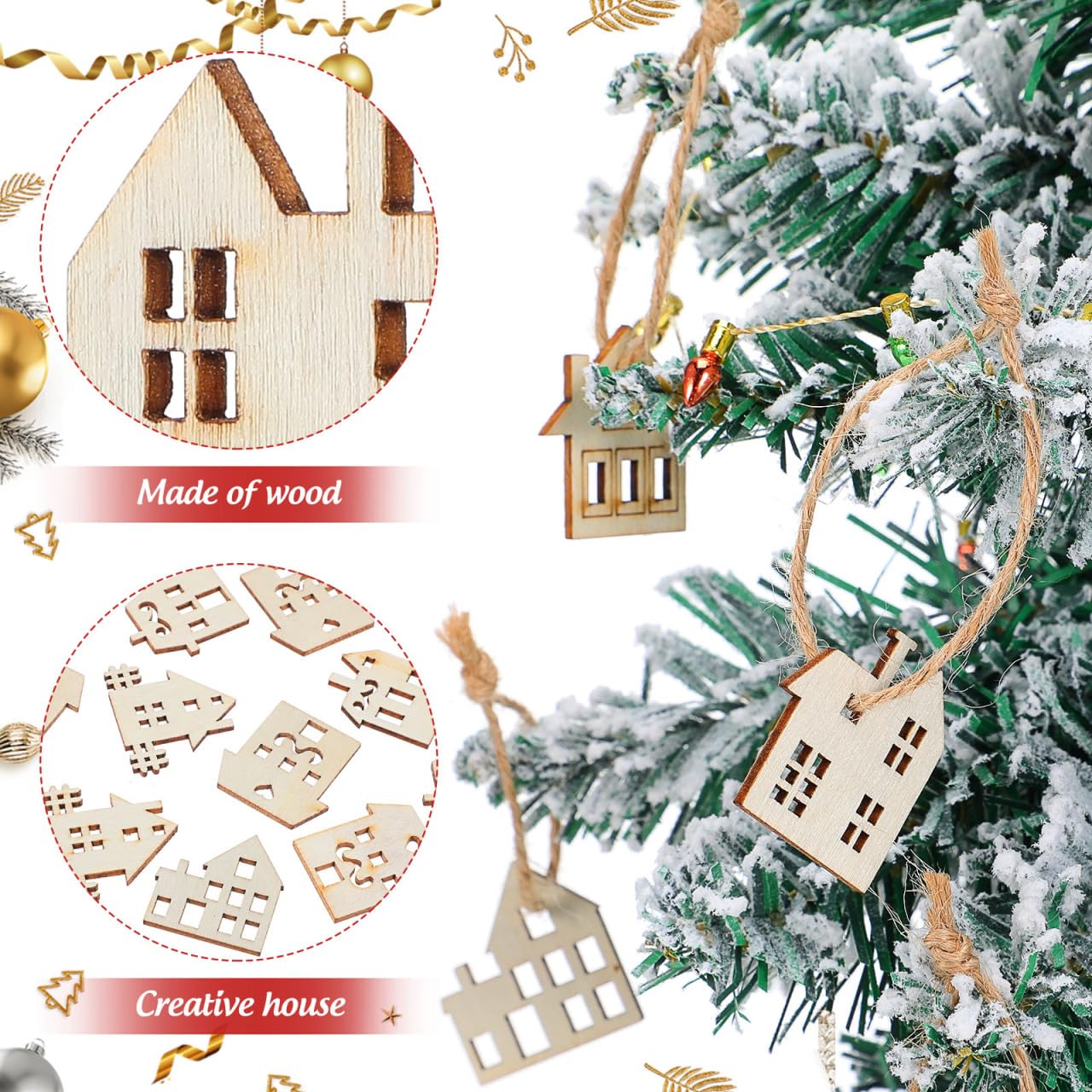 Toyvian 100pcs Wood Craft Shapes House Shaped Unfinished Wood Embellishment Cutout Veneers for DIY Craft Project Home Ornaments