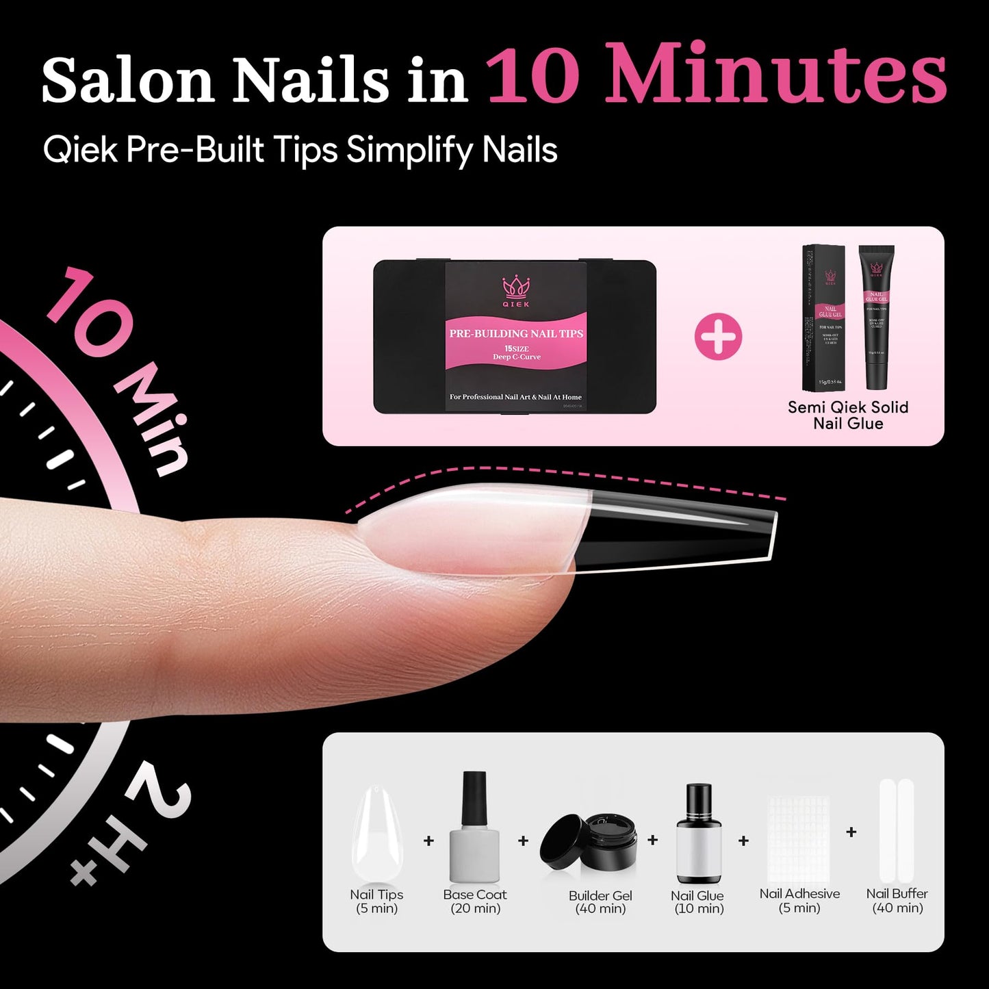 Qiek Long Coffin Pre-Building Nail Tips, 15 Sizes 240 PCS Pre-shaped Apex Clear Soft Press On Fake Nail Half Matte Gel Nail Extensions Strong Thick Acrylic Tip for DIY Beginners & Salon Manicure