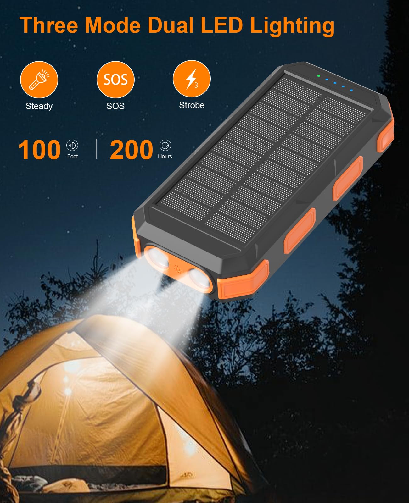 Solar Charger Power Bank 38800mAh, PD 22.5W USB-C Fast Charging Portable Charger with 4 Built-in Cables, External Battery Pack with Dual LED Emergency Flashlights for Camping, Hiking, Outdoor Use