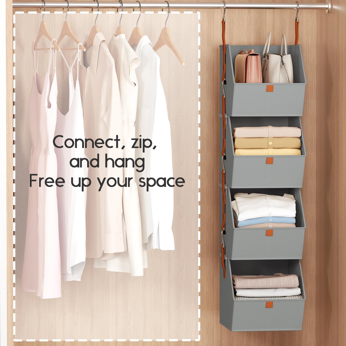 Homsorout Hanging Closet Organizer 4 Tier - Clothes Hanging Shelves, Space-Saving Closet System, Fabric Storage Bins Bedroom Organization, Collapsible Baskets for Home, Dorm, Rv, Grey