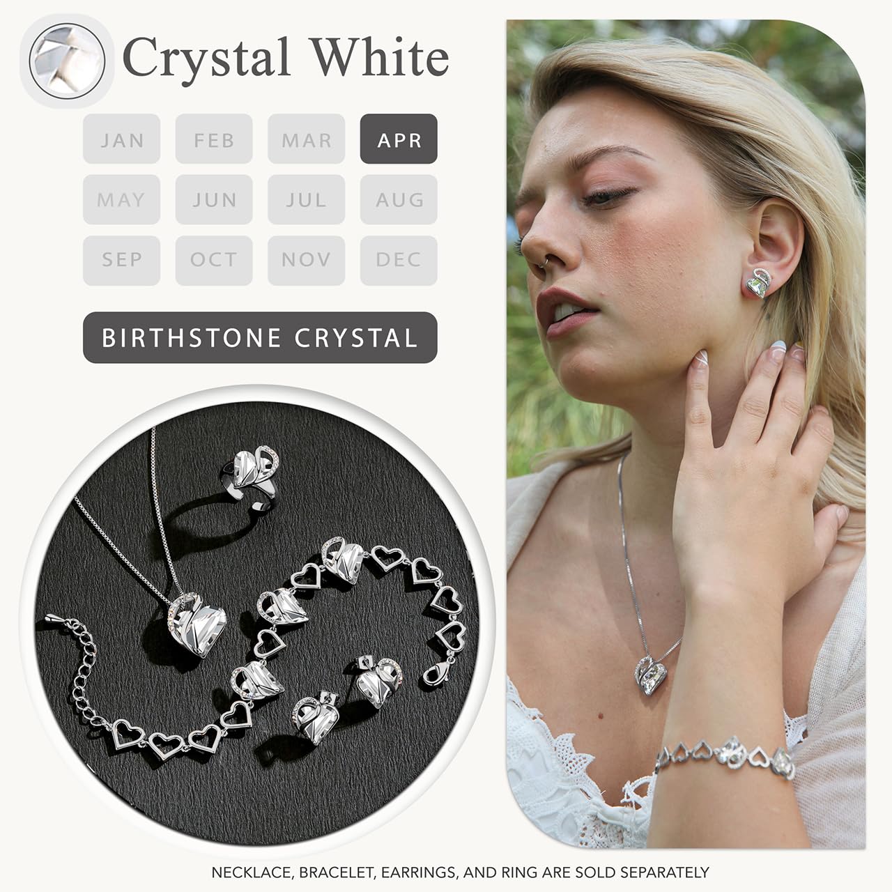 Leafael Infinity Love Heart Gift Bracelet for Women, April Birthstone Crystal, Crystal White, Silver Tone, 7-inch Chain and 2-inch Extender