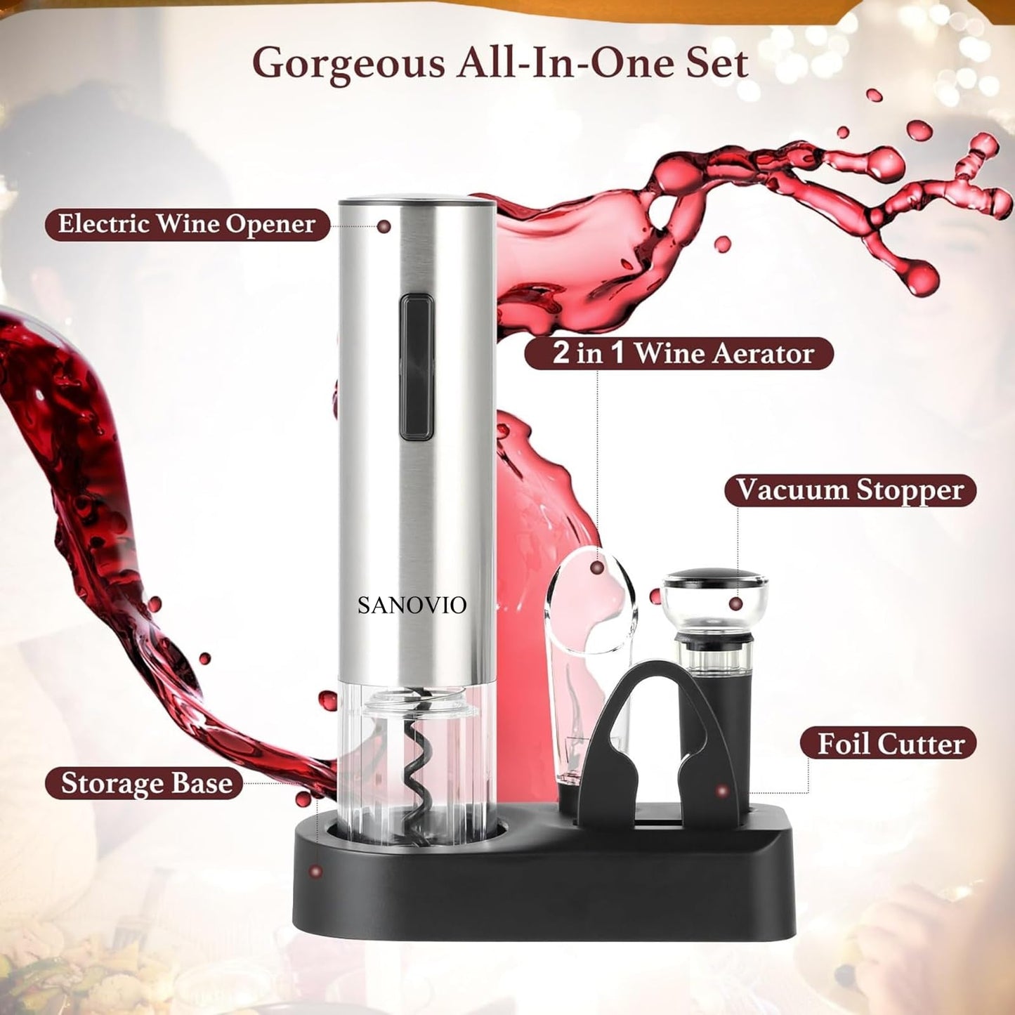 SANOVIO 6-in-1 Electric Wine Opener Set - Rechargeable Automatic Corkscrew with Vacuum Sealer, Wine Aerator, Foil Cutter & Charging Base,Valentine's Day Gifts, Wine Lovers (Stainless Steel)