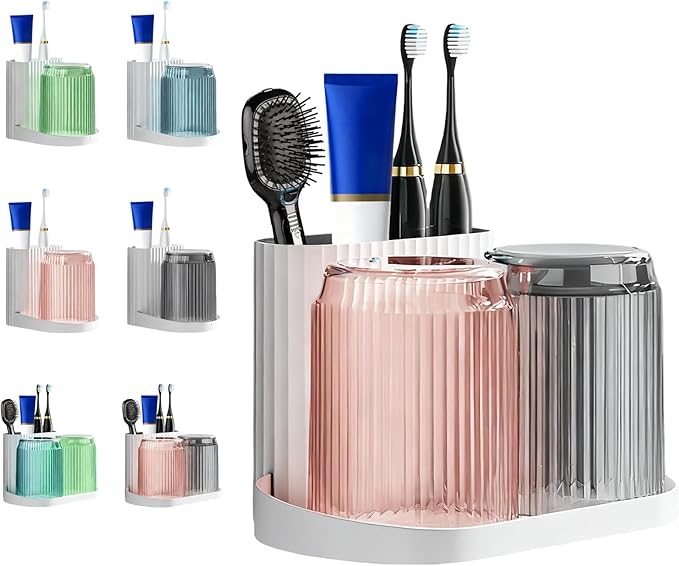 Toothbrush Holder,Bathroom Toothbrush Holder Suitable for Bathroom Organizer Place The Cup Upside Down to Drain Bathroom Stands for Storing Toothpaste Toothbrushes and Other Toiletries (Gray + Pink)