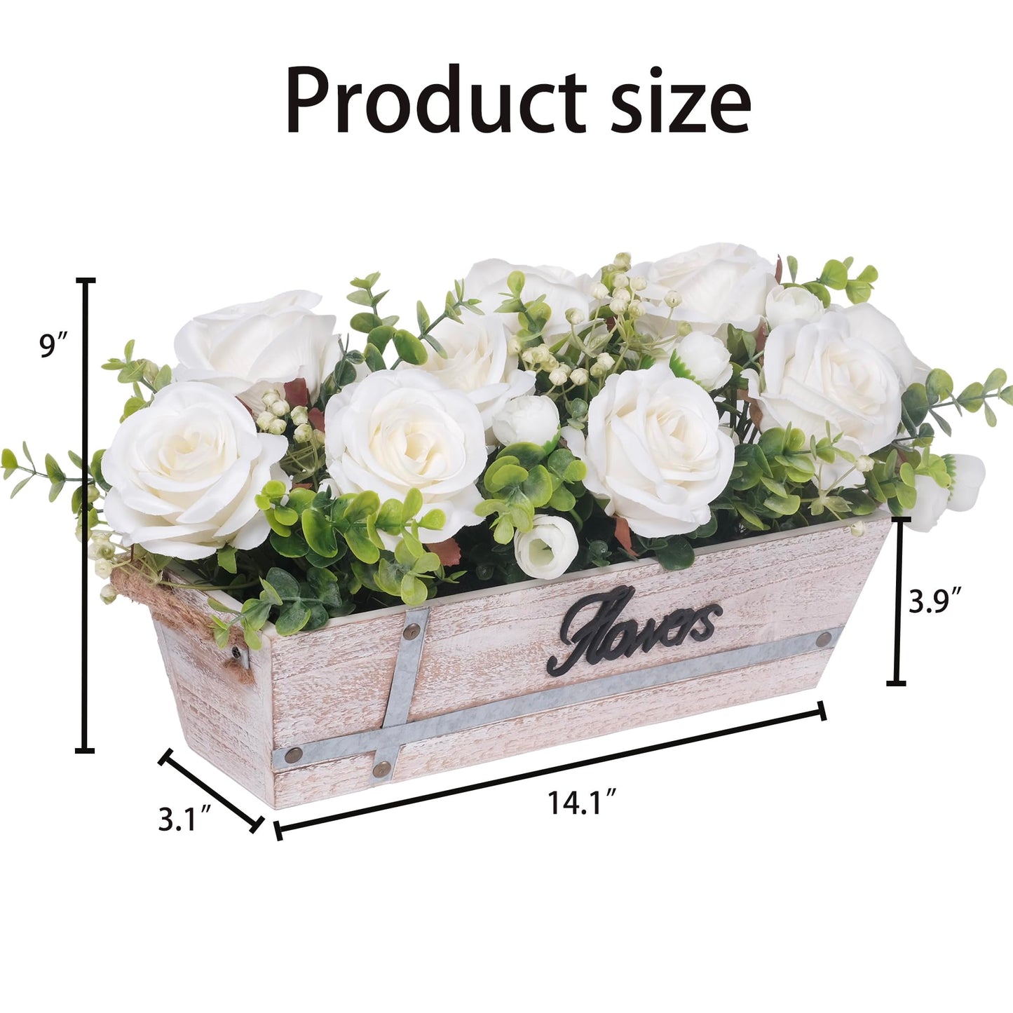 Centerpiece Table Decorations Rustic Wood Tray with 3 Artificial White Rose Flowers and Fake Eucalyptus for Dining Room Farmhouse Living Room Kitchen and Coffee Table Décor