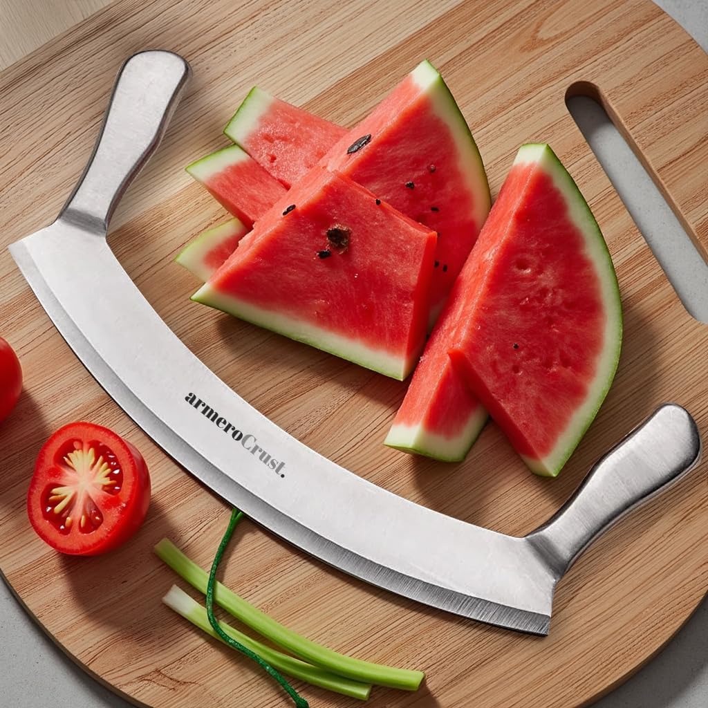 armeroCrust Mezzaluna Knife with Double Handle for Extra Stability - 12 Inches - Pizza Rocker for Precise Slicing of Thick Crust - Grade 18/0 Stainless Steel with Premium Finish