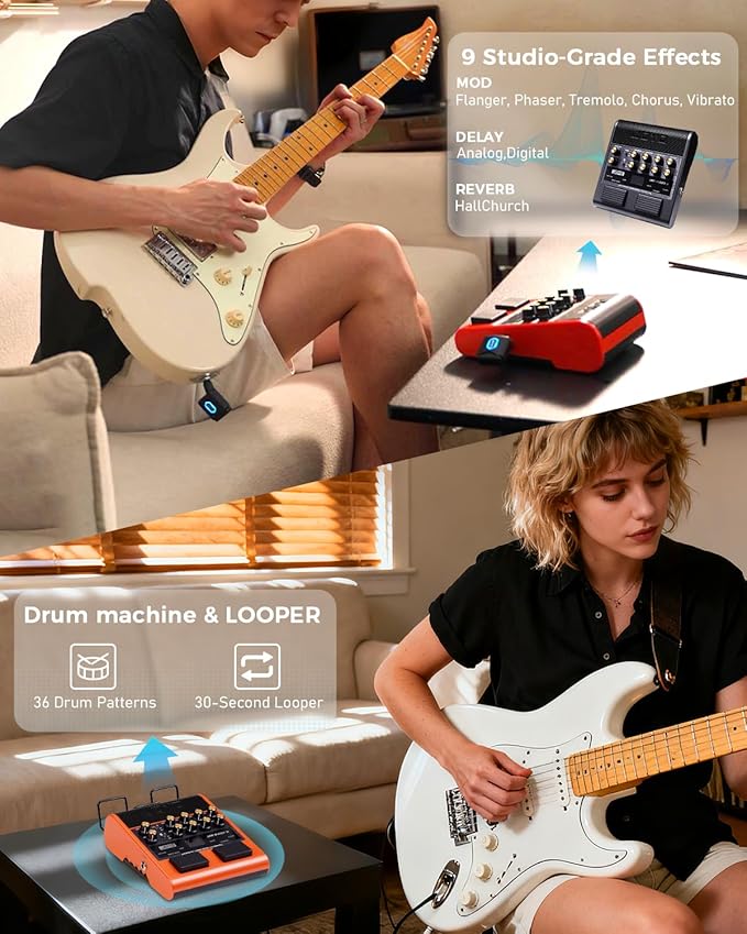 JOYO 10W Electric Guitar Combo Amp Multi-Effects Pedal Portable Amplifier with Footswitch,14 Amp Models,3-Band EQ,36 Drum Patterns & Looper,OTG Recording,Bluetooth for Practice(JAM Buddy II, Gray)