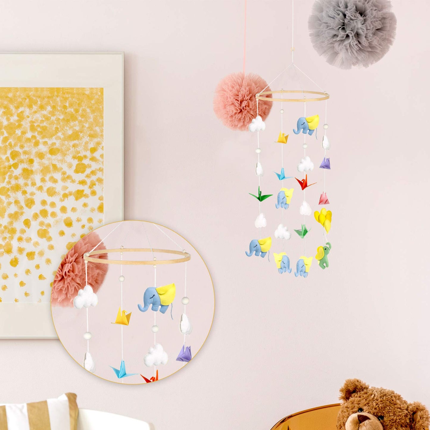 Baby Mobile DIY Kit - Nursery Wooden Frame Mobile Crib Bed Bell Ceiling Wind Chime Hanging DIY Frame Ornaments Handmade Kit Round Wind Bell for Infant Toys