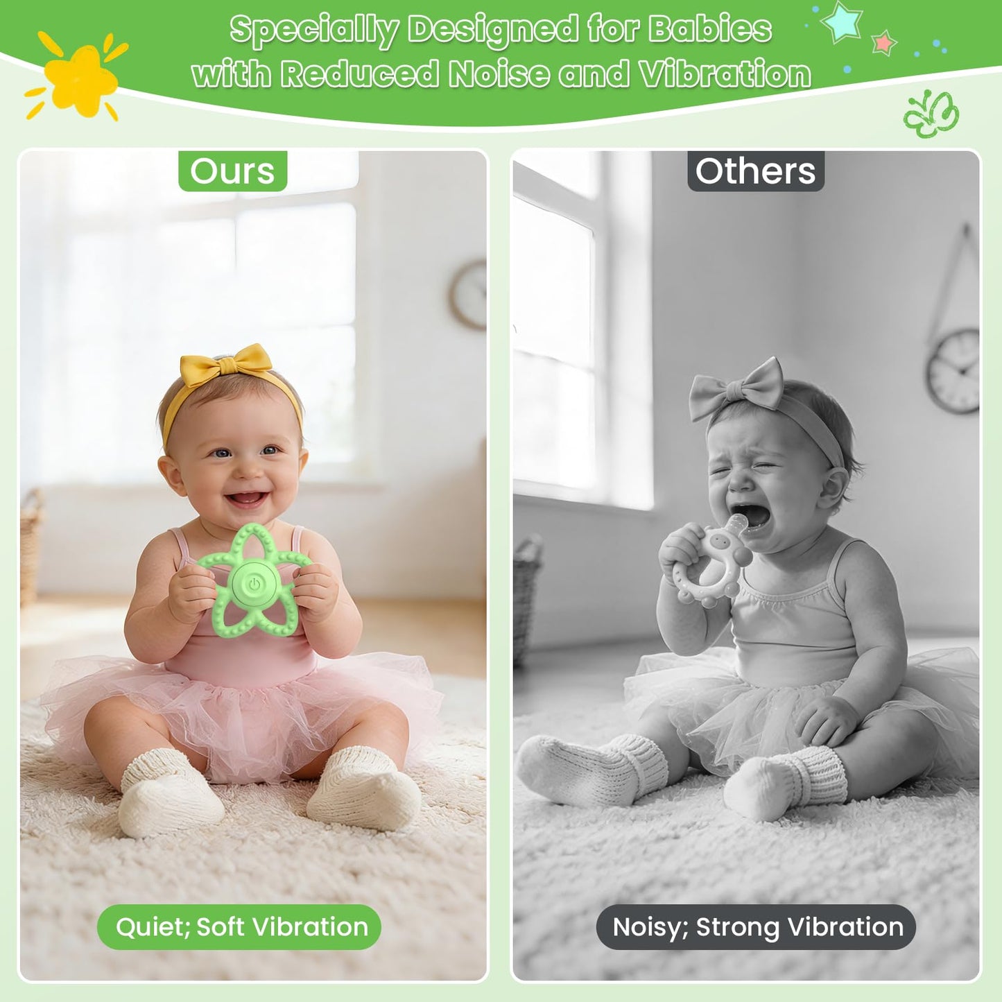 Vibrating Teether for Baby - Dual Use Vibrating Soother for 3-6 Months/6-18 Months & Sensory Toys for Kids with Autisms, Baby Teething Toys with 3 Vibration Modes (Green)