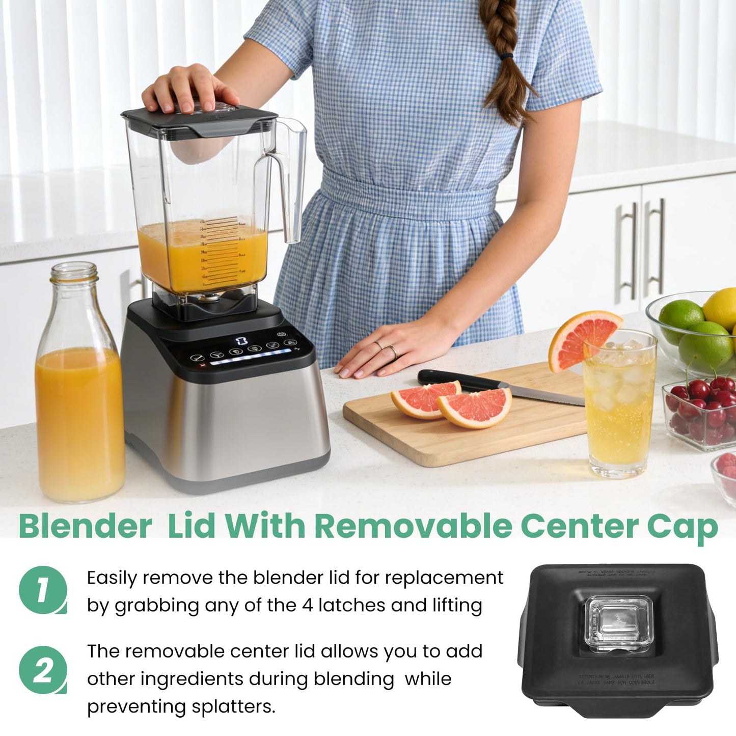 Blender Latching Lid Replacement #40-310, Fit for Blendtec Commercial Wildside & Fourside Jars Lid, Blender Top Lid with Removable Center Cap for prevents liquid splashing