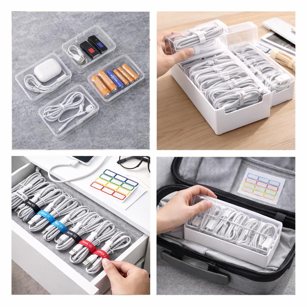 2 Pack Cable Organizer Box Set with 7 and 11 Clear Cases for Charging Cables, Chargers, Earphones and Small Accessories, Includes Cable Ties and Labels for Home, Desk and Drawer