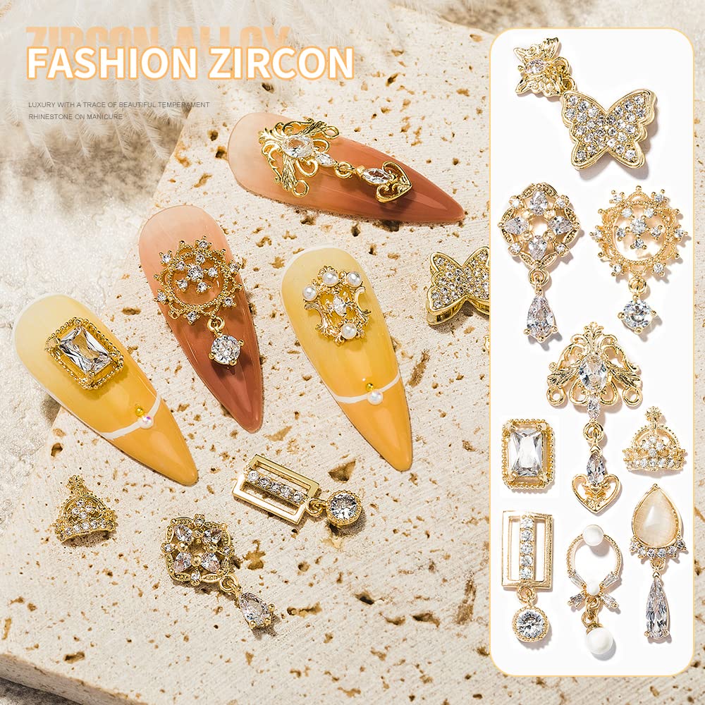 HNUIX Nail Charms and Gems - Gold Copper Zircon, Multiple Shapes, Metal Jewelry Rhinestones Charms, 24Piece