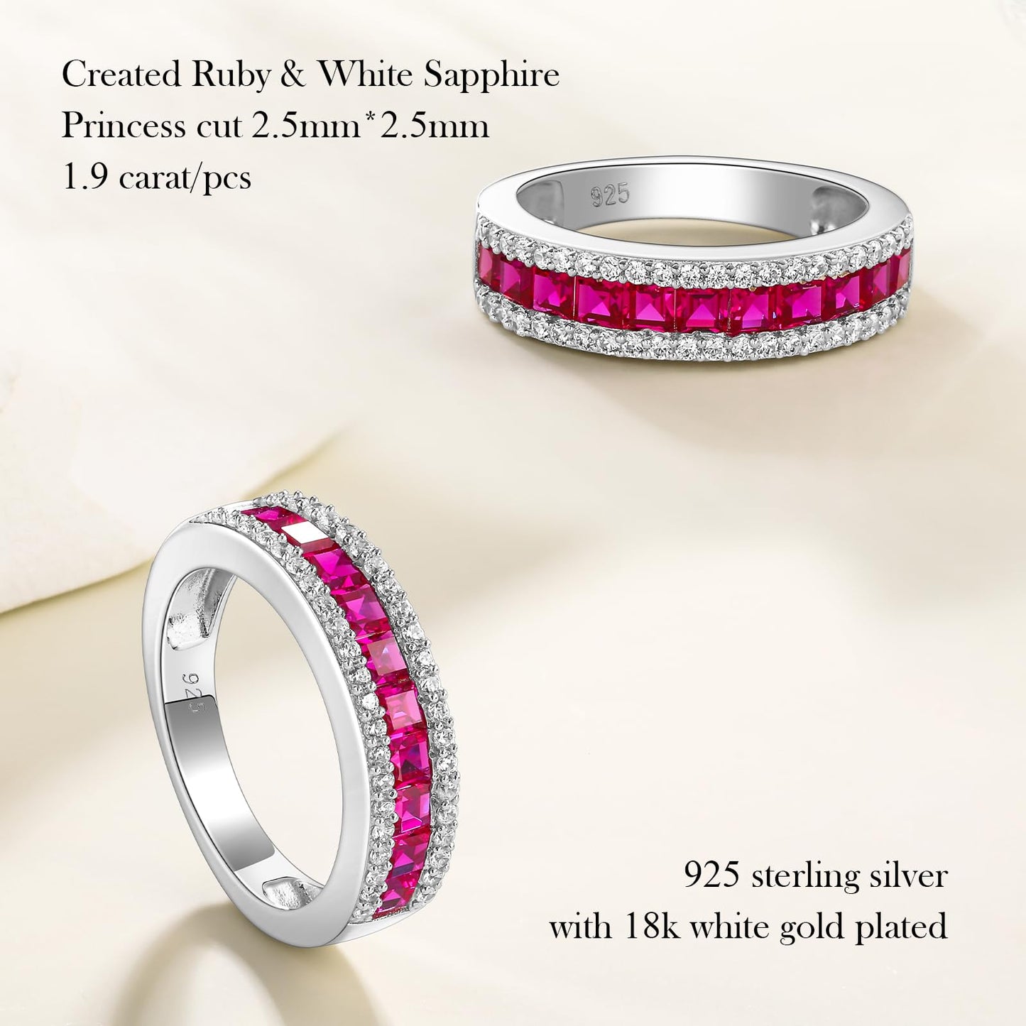 RANDES Red Ruby Half Eternity Band Ring for Women Sterling Silver Channel Set Wedding Band Thick Anniversary Ring for Her July Birthstone Ring Size 9.5