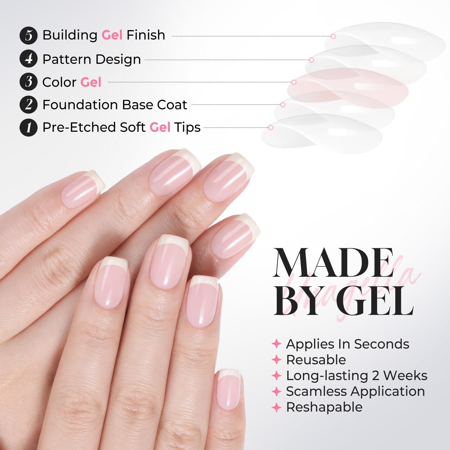 UNA GELLA 32Pcs Soft Gel Press on Nails - 16 Sizes French Tip Short Square Glue on Nails, Reusable Nude Beige False Nails, Full Cover Acrylic Nail Kit for Women DIY Home Manicure