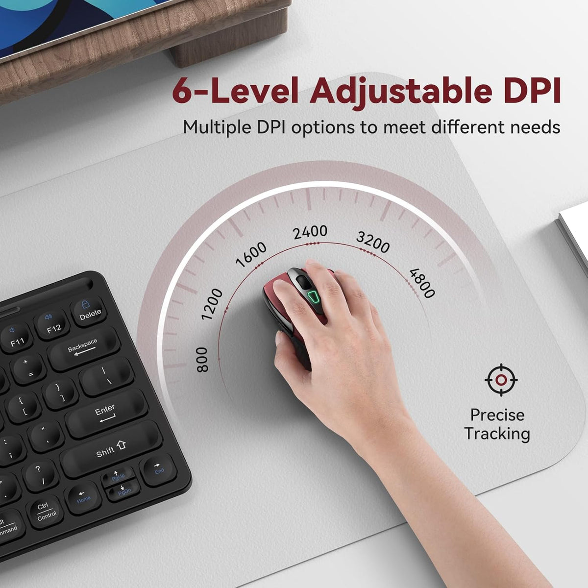 Bluetooth Mouse (BT5.0/3.0 & 2.4G) Rechargeable Wireless Mouse, 4800 DPI Optical Tracking, 6 Adjustable DPI, 2.4GHz with USB A Receiver, Quiet Clicks, Ergonomic Grips, 6 Buttons - Red