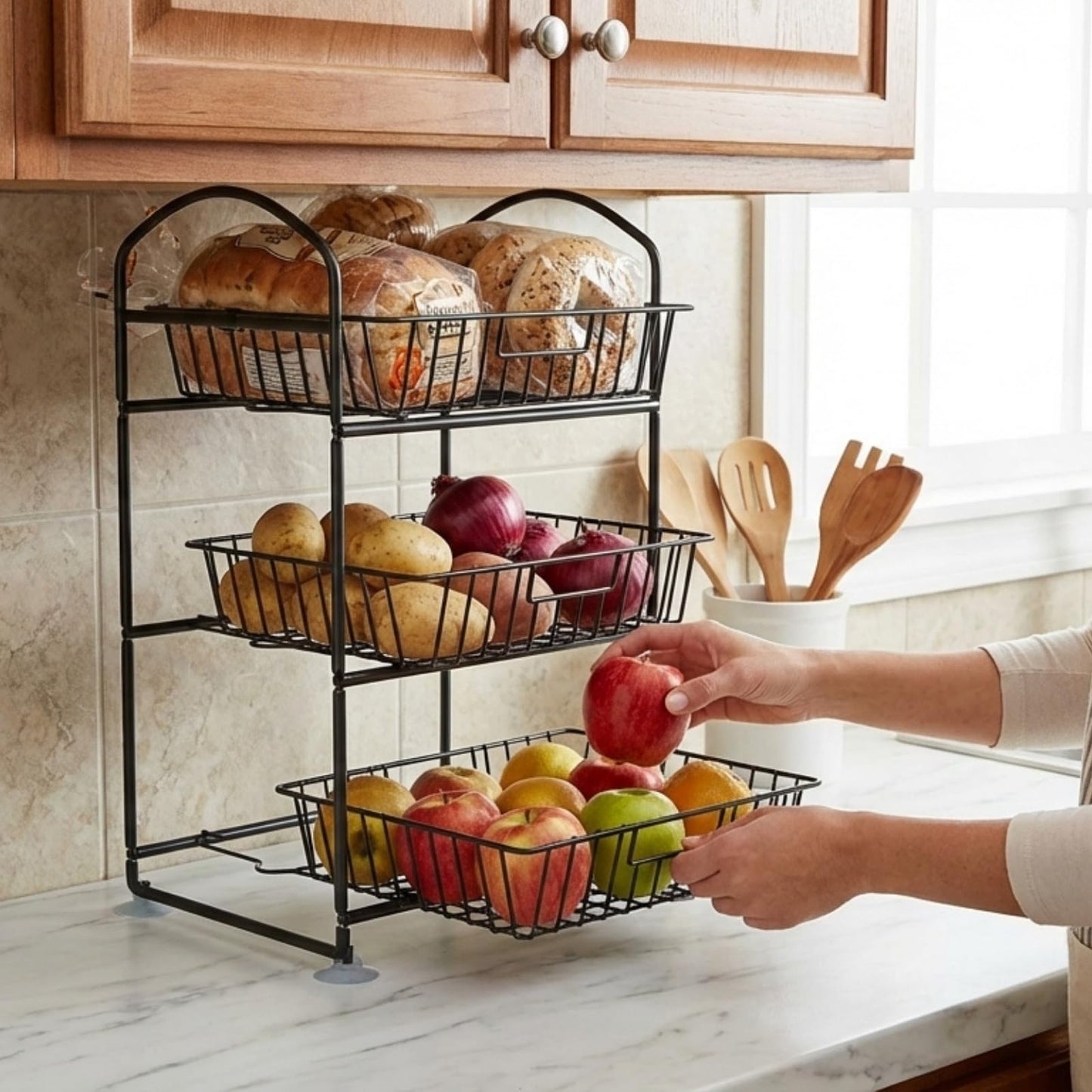 Ofiray-home 3 Tier Fruit Basket with 2 Banana Hangers, Detachable Countertop Fruit Vegetable Basket Organizer for Kitchen Counter, Metal Mesh Fruit Bowl for Potato Onion Bread Snack Veggie