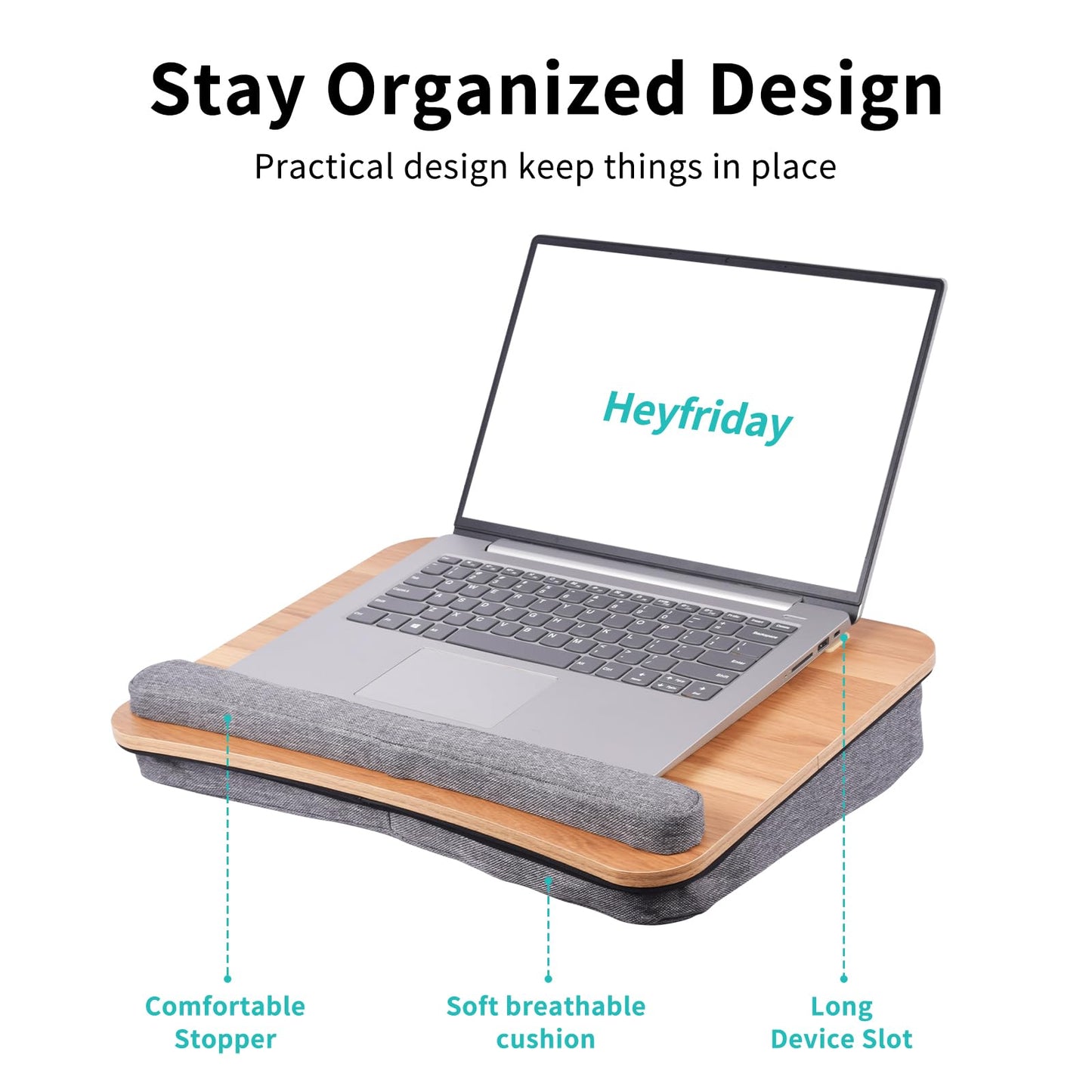Heyfriday Home Office Lap Desk with Wrist Rest Laptop Bed Desk for Notebook, Laptop, Tablet, Lap Stand with Tablet, Phone Holder Fits Up to 14 Inch Laptops(Woodgrain)
