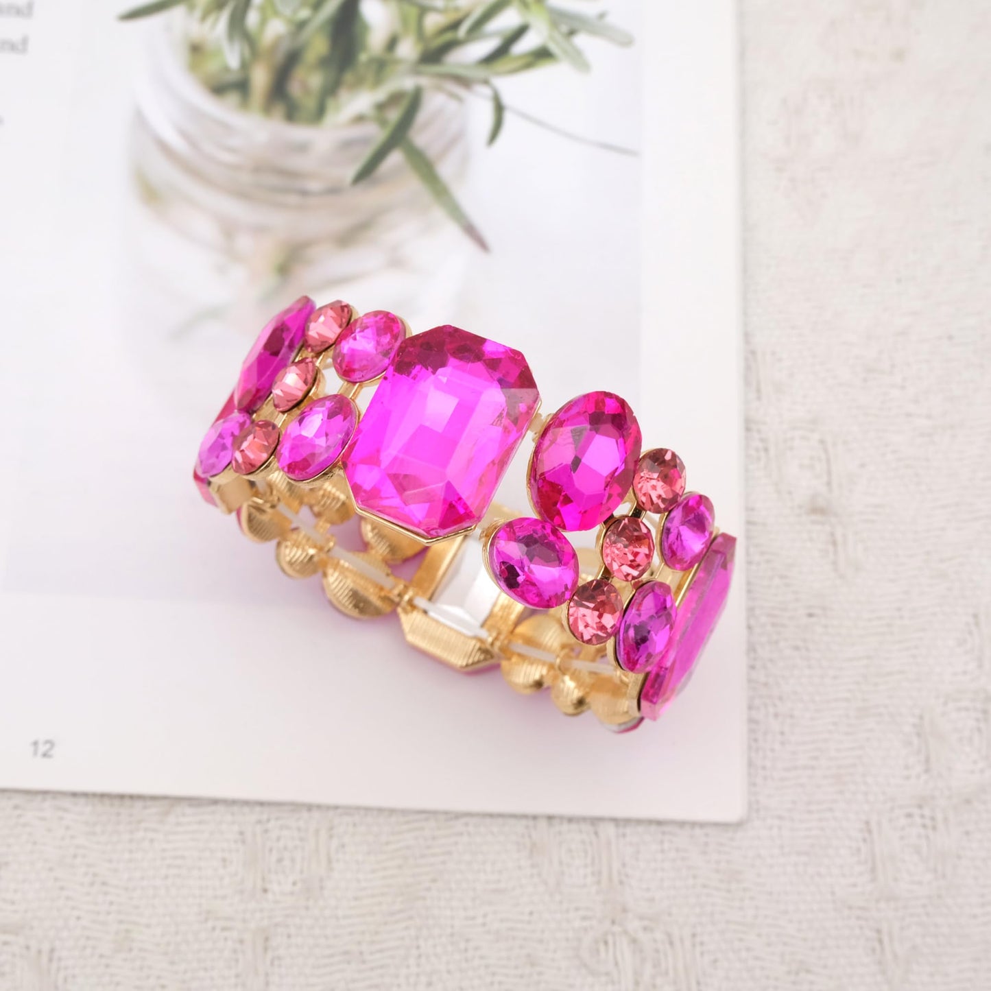 CSY Women's Statement Stretch Wide Bangle Bracelets Austrian Crystal Art Deco Elastic Bracelet for Party Prom (hot pink crystal)
