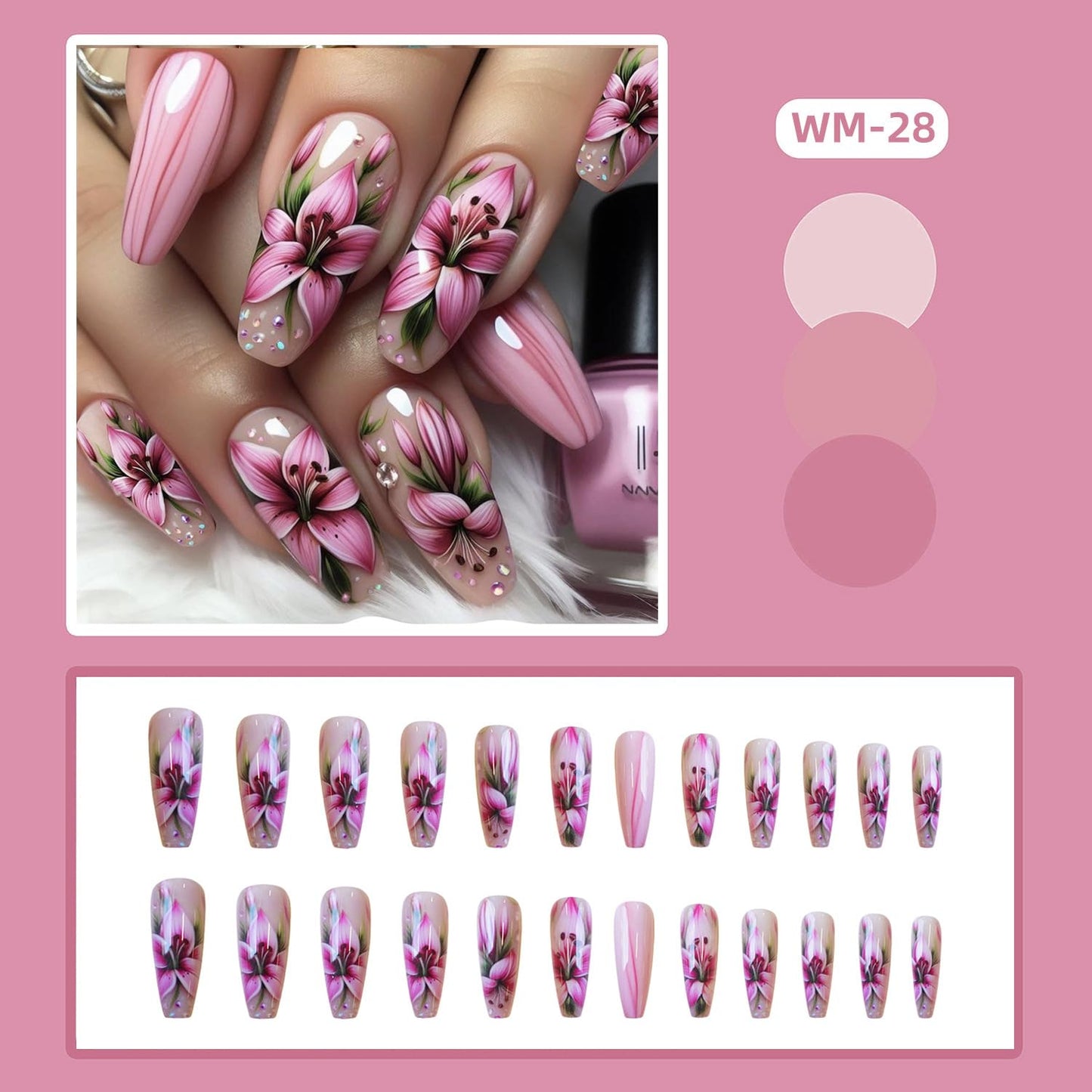 Flower Press on Nails Medium Length Pink French False Nails Lily Floral Design False Nails Full Cover Glossy Acrylic Nails Ballet Shaped Artificial Stick on Nails Reusable Glue on Nails for Women