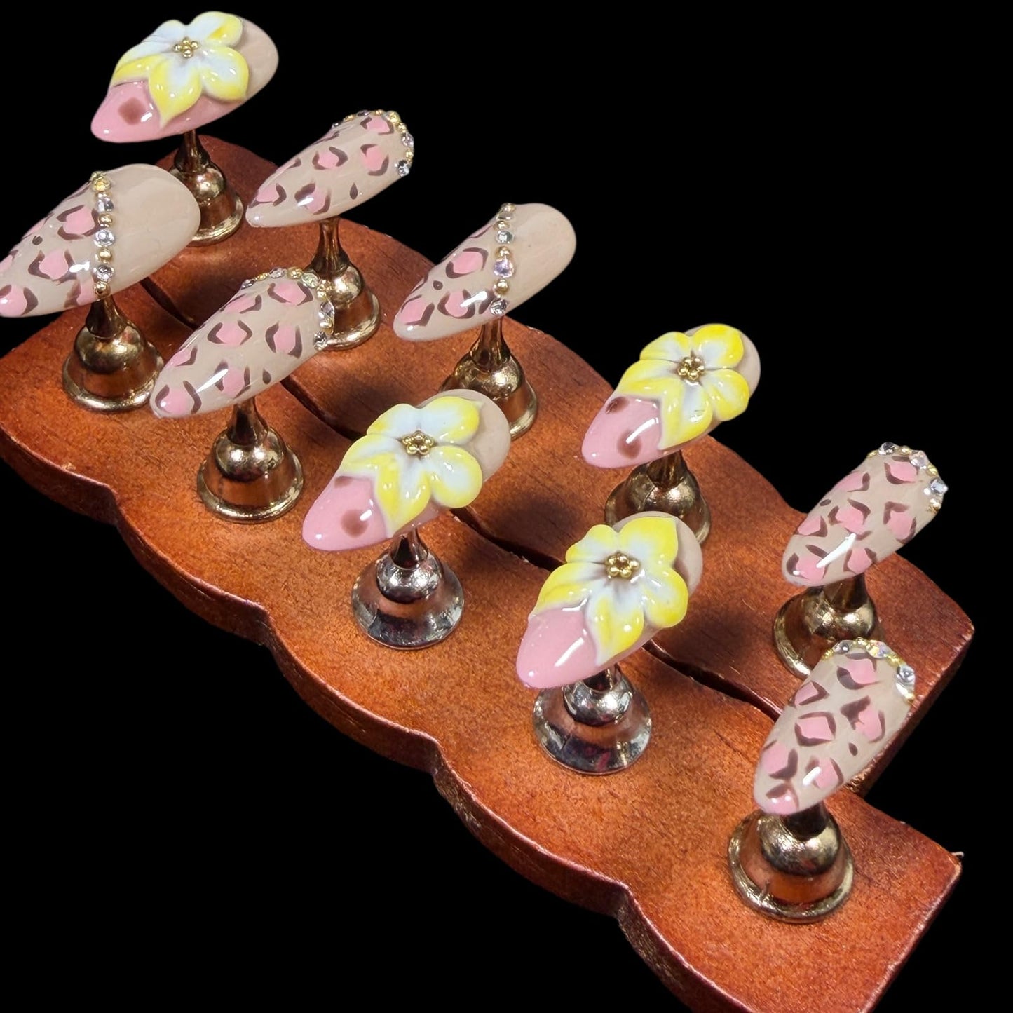 Handmade 3D Flower Leopard Press On Nails, Almond Shape, Vintage Deisgn Nude Pink with Rhinestones, Reusable Acrylic Thick False Nails Wild Meets Chic (M)
